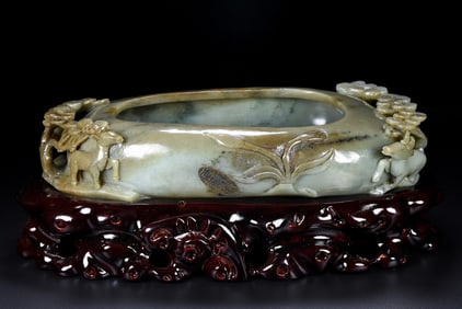 A Rare White Jade Pine and Deer Pattern Brush Washer