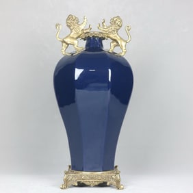 An Exquisite Blue Glazed Inlaid Bronze Beast Ears Vase