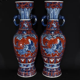 A Pair of Huge Blue and White Red Glazed Figure and Story Pattern Elephant-Ears Vases,with Poem