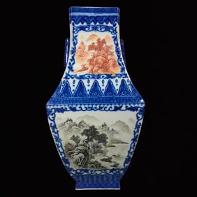 A Huge Blue and White Ink Color Landscape and Figure Pattern Double-Ears Vase