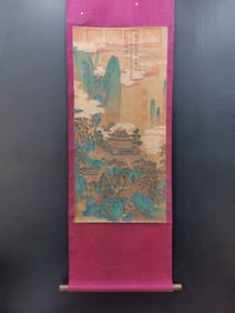 A Chinese Vertical Scroll Ink Painting of Landscape and Figure on Silk,Wu Zetian
