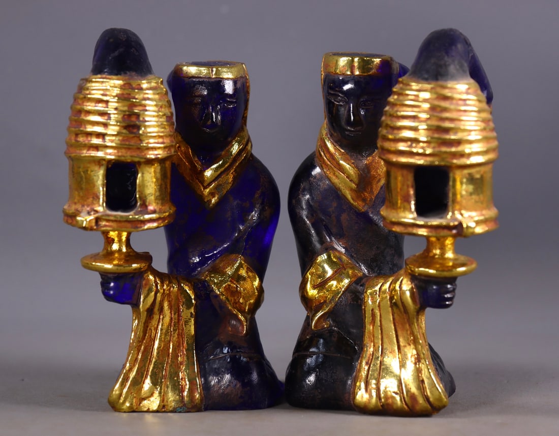 A Pair of Exquisite Glass Cover with Gold Figure-Shaped Lamps: A Pair of Exquisite Glass Cover with Gold Figure-Shaped Lamps,Qing Dynasty, China,Size:5.5inx3.5inx3in,Total Weight:1683g 一对琉璃包金人物形ା