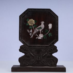 A Rare Zitanwood Inlaid Gems Flower and Bird Pattern Screen