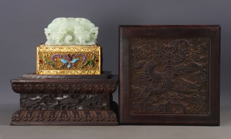 An Exquisite Gilt Inlaid White Jade Dragon Pattern Seal,with Zitanwood Dragon Pattern Box