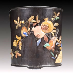 An Exquisite Eaglewood Pomegranate and Bird Pattern Brush Pot