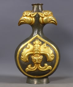 An Exquisite Gilt Bronze Auspicious Beast Pattern Phoenix-Ears Vase