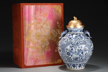 A Huge Blue and White Crane and Mandarin Duck  Dragon-Ears Big  Jar , with Gilt Cover