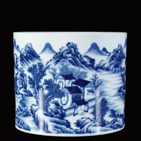 An Exquisite Blue and White Landscape and Figure Pattern Brush Pot