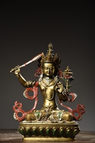 A Solemn Gilt Bronze Painted Color Statue of Manjusri