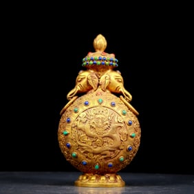 An exquisite gilt bronze elephant-ear vase inlaid with gems and dragon pattern