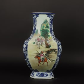 An Exquisite Blue and White Famille-Rose Character and Story Pattern Vase