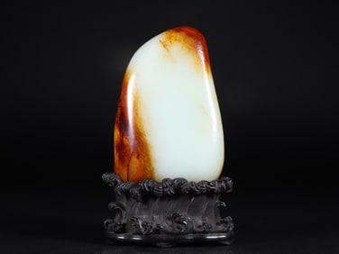 An Exquisite White Jade Ornament,With Zitanwood Base