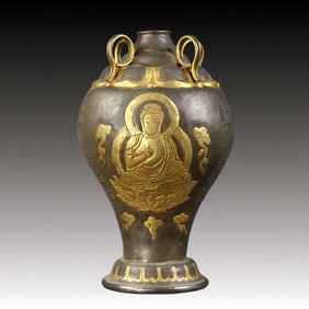 An Exquisite Gilt Bronze Buddha Pattern Vase,