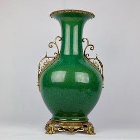 An Exquisite Green Glazed Inlaid Bronze Flower Double-Ears Vase