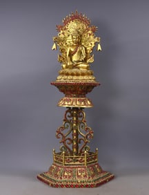 A Rare Gilt Bronze Statue of Sakyamuni,Inlaid Gems
