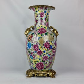 An Exquisite Famille-Rose Flower Pattern Inlaid Bronze Beast Ears Vase