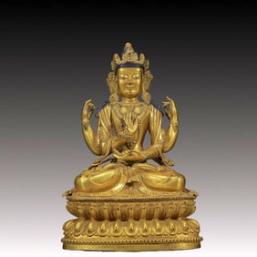 A Solemn Gilt Bronze Four-Armed Statue of Avalokitesvara