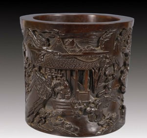 A Exquisite Zitanwood Landscape and Figure Pattern with poem Brush Pot