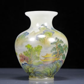 An Exquisite Glass Famille-Rose Landscape and Figure Pattern Vase,with poem
