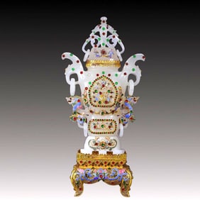 A Huge White Jade Inlaid Gilt Silver Dragon Pattern Double-Ears Vase,Inlaid Gems