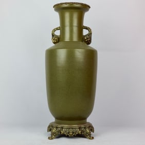 An Exquisite Teadust Glazed Inlaid Bronze Double-Ears Vase