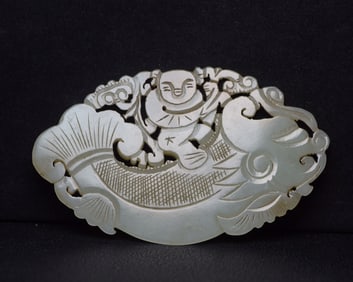 An Exquisite White Jade Fish and Dragon Pendant
