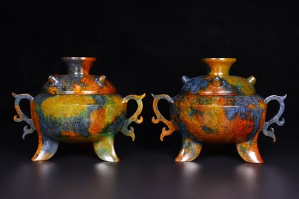 A Pair of Exquisite Yellow Jade Double-Ears and Tripod Censers, With poem