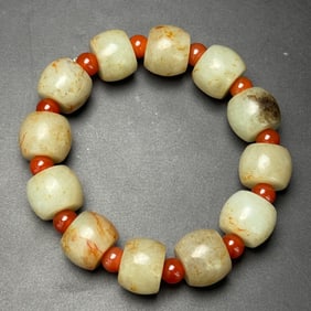 An Exquisite White Jade Bracelets,With Agate