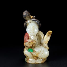 An Exquisite White Jade Gilt Figure Ornament