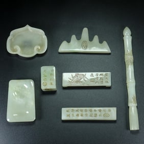 A Set of Fine White Jade Bamboo and Orchid Pattern Ornaments,with poem