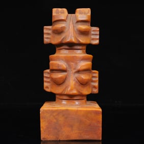 An Archaic Hongshan Culture Yellow Jade Figure Mask Seal