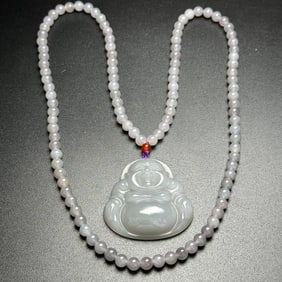 An Exquisite White Jade Buddha Statue Necklace