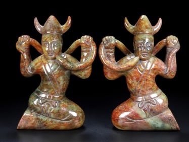 A Pair of Exquisite Gaogu Jade Figure Ornaments