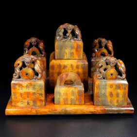 A Set of Fine White Jade Auspicious Beast Seals,with Inscription