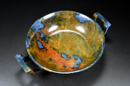 An Exquisite White Jade Double-Ears Plate,with Inscription