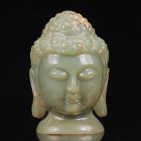 An Exquisite Green Jade Statue of Buddha Head