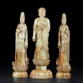 A Set of Fine White Jade Buddha Statue and Statues of Avalokitesvara