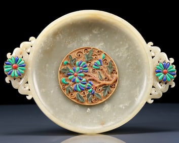 An Exquisite Greenish Jade Inlaid Turquoise Flower Pattern Double-Ears Brush Washer