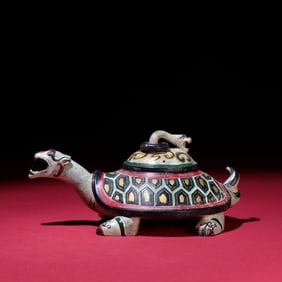 An Exquisite White Jade Painted Color Dragon Turtle Box