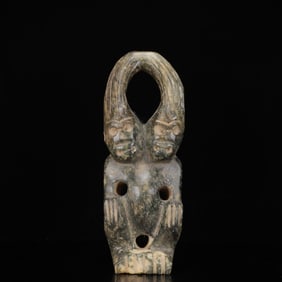 An Archaic Hongshan Culture Green Jade Figure Ornament