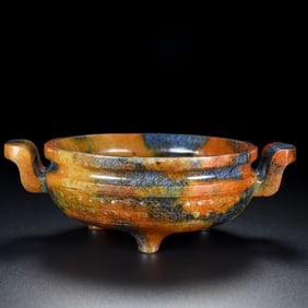 An Exquisite Gaogu Jade Double-Ears and Tripod Censer