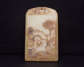 An Exquisite White Jade Landscape Pattern Pendant