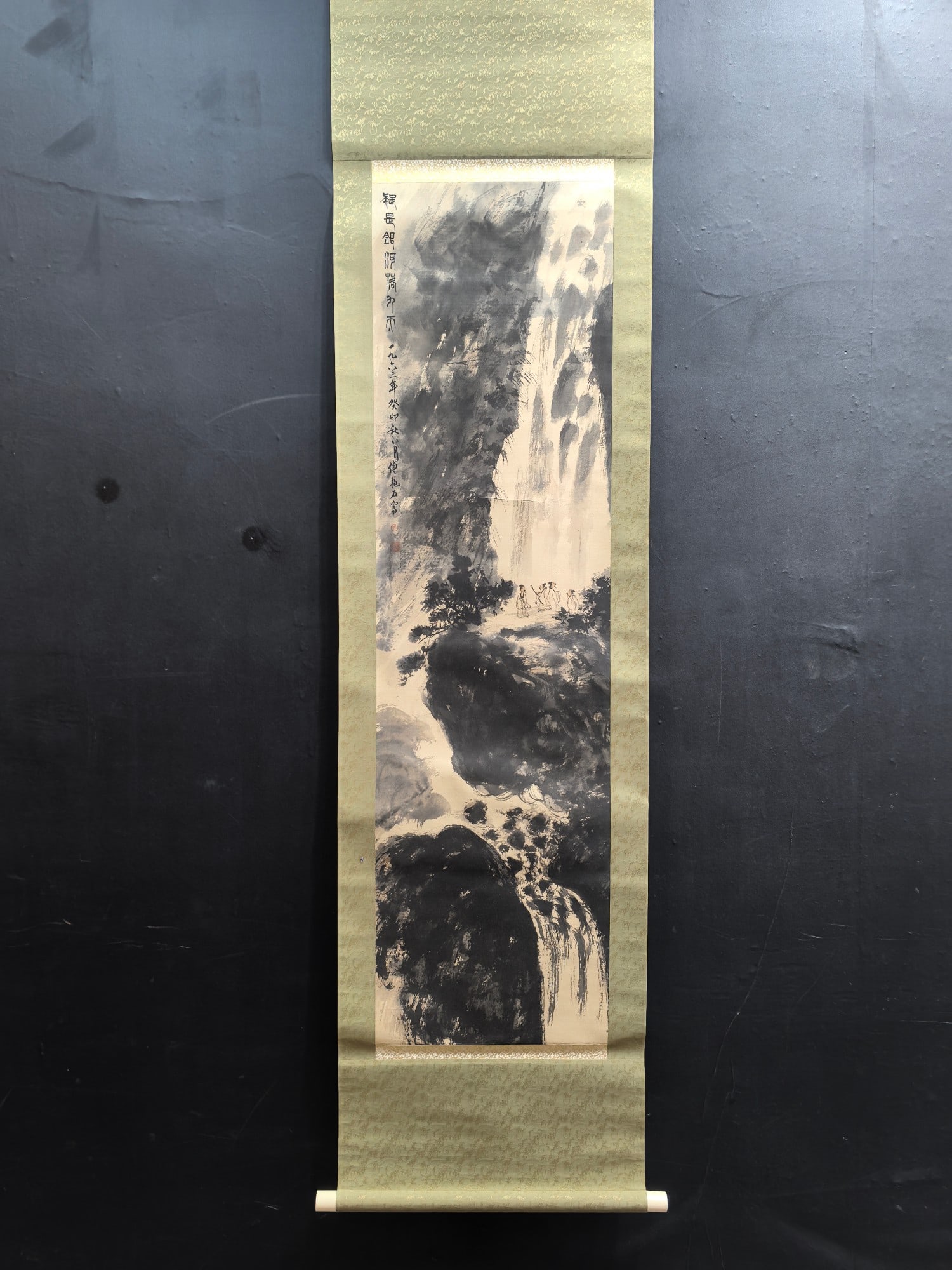 A Chinese Vertical Scroll Ink Painting of Landscape and Figure on Paper,Fu Baoshi: A Chinese Vertical Scroll Ink Painting of Landscape and Figure on Paper,Fu Baoshi,Size:13.5inx48.9in 中国水墨山水人物画立轴,傅&#