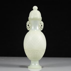 A Exquisite White Jade Lotus Pattern Double-Ears Vase