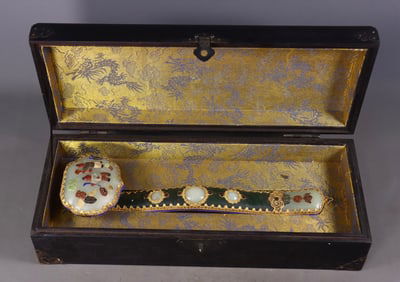 An Exquisite Silver Gilt Inlaid Gems Character and Story Pattern Ruyi