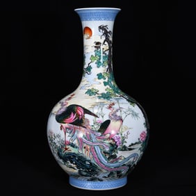 An Exquisite Famille-Rose Flower and Bird Pattern with poem Vase