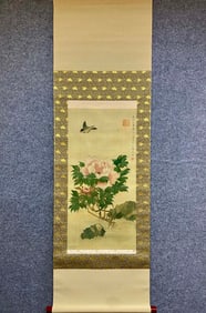 A Chinese Vertical Scroll Ink Painting of Flower and Bird on Silk