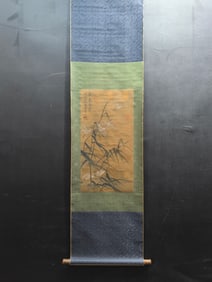 A Chinese Vertical Scroll Ink Painting of Flower and Bird on Silk