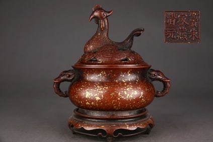 An Exquisite Gilt Bronze Double-Ears Censer