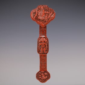 A Exquisite Carved Red Lacquer Character and Story Pattern Bats and Peach Pattern Ruyi